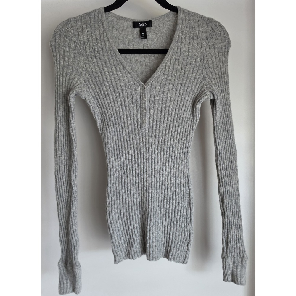 Aqua Cashmere Women's Sweater S Gray Long Sleeve Ribbed Cashmere Henley Luxury